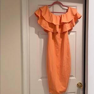 Coral colored off the shoulder dress